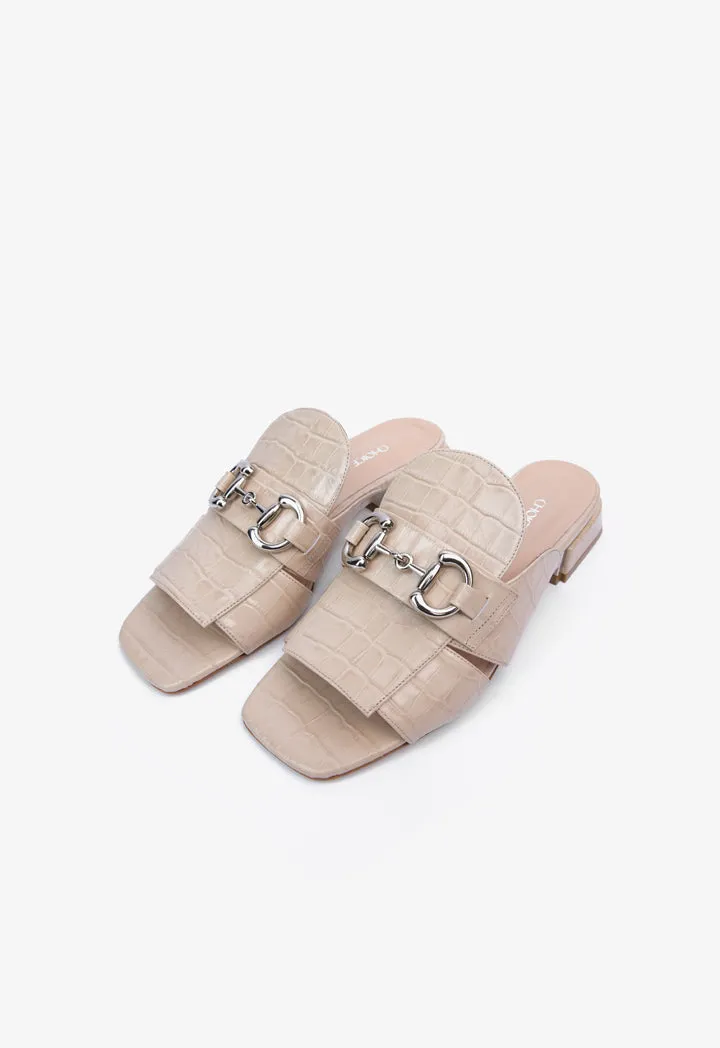 Choice Acrylic Emblem Crocodile Textured Leather Sandals Beige