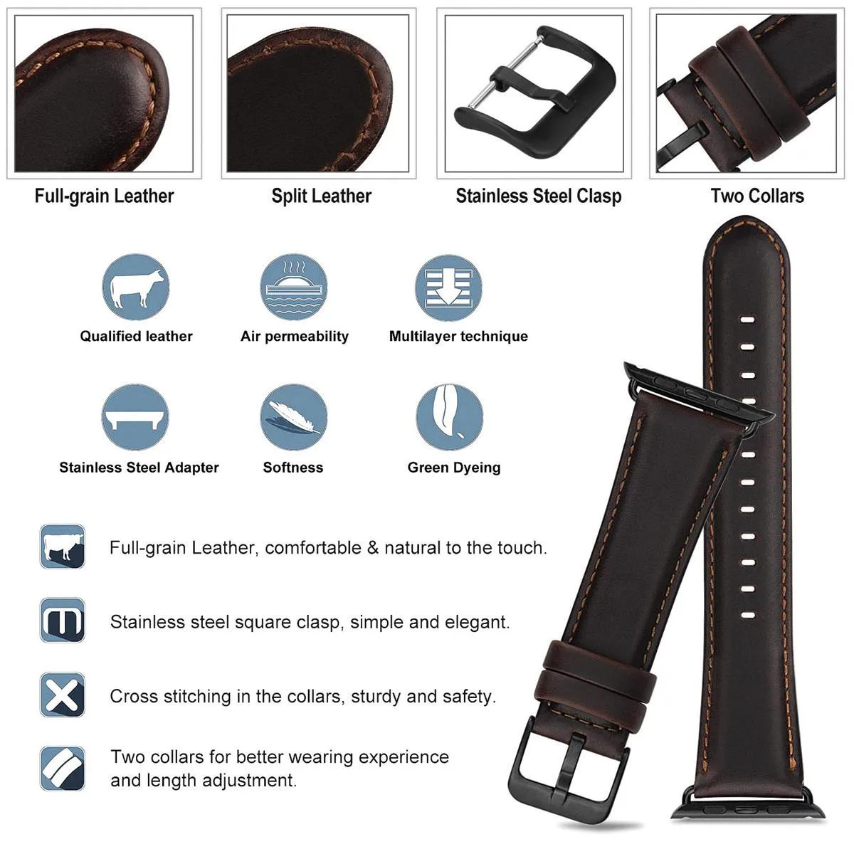 Dark Brown Leather Strap for Apple iWatch (Series 5/4)