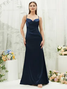 Dark Navy Satin Cowl Neck Adjustable Straps Backless Long Bridesmaid Dress