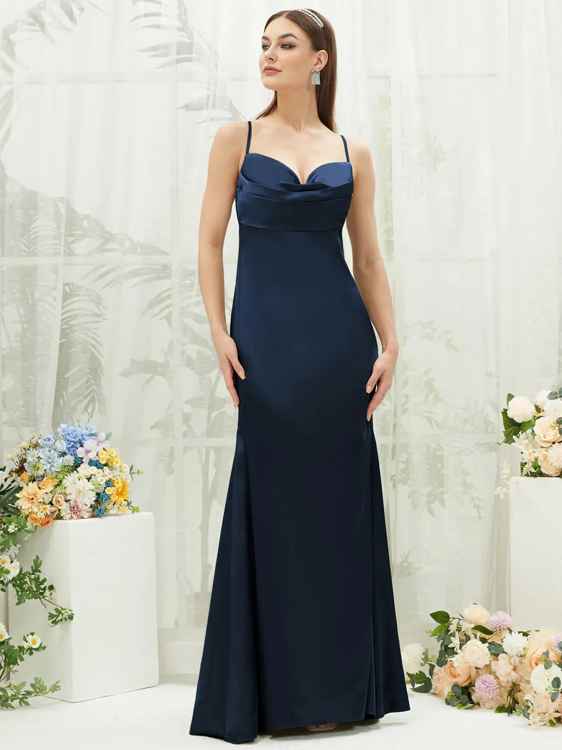 Dark Navy Satin Cowl Neck Adjustable Straps Backless Long Bridesmaid Dress