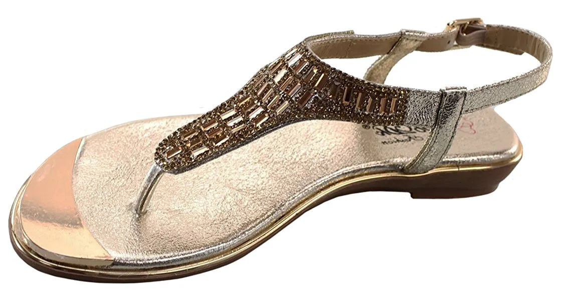 DBDK Women's Metallic Beaded Rhinestone Ankle Strappy Thong Wedge Sandal