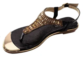 DBDK Women's Metallic Beaded Rhinestone Ankle Strappy Thong Wedge Sandal