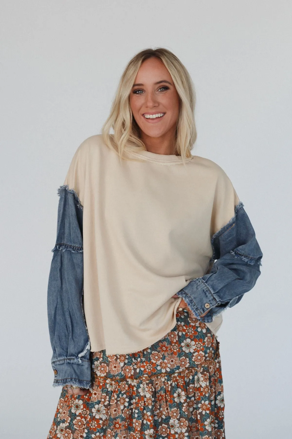 Denim Dream Pullover Top - Oatmeal