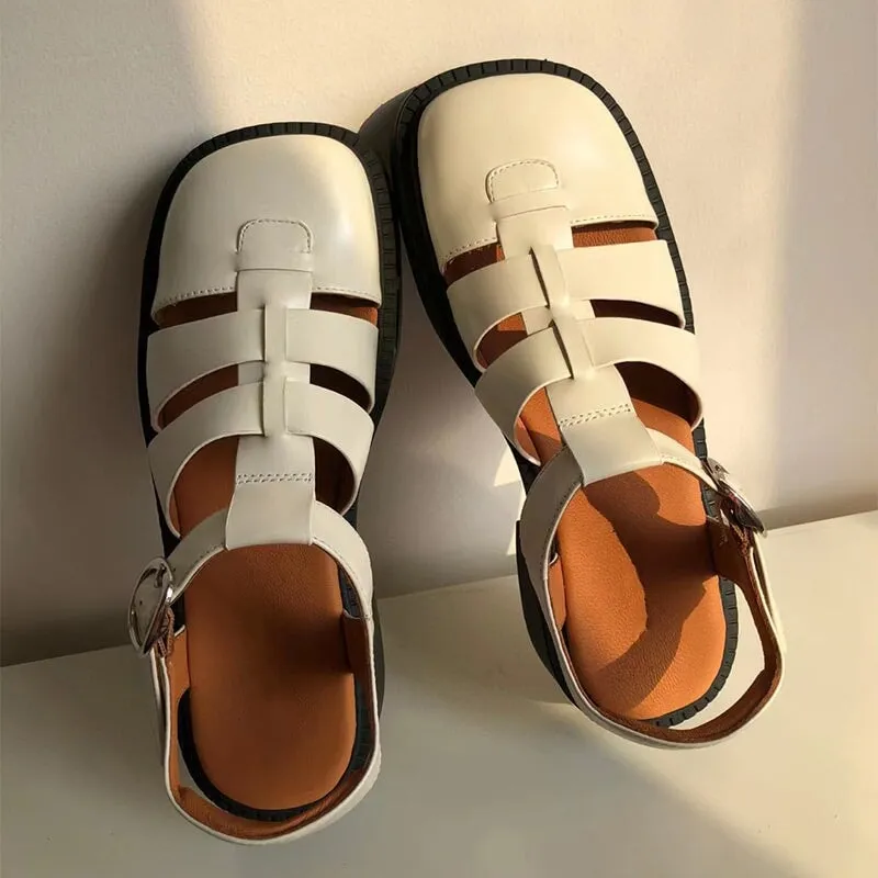 Designer Fisherman Shoes Genuine Leather Gladiator Sandals Block Heel Slingback in White/Black