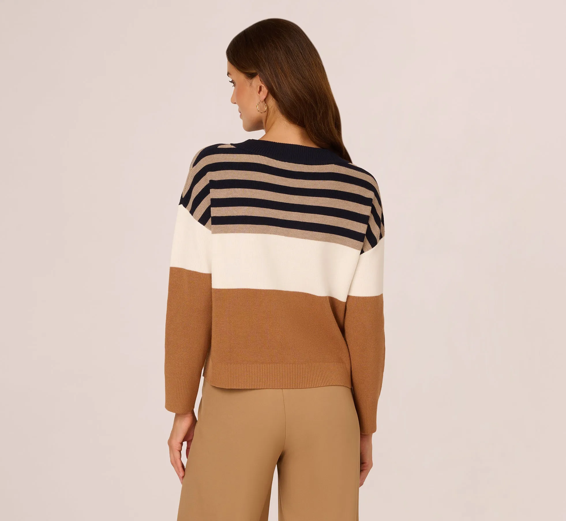 Drop Shoulder Boat Neck Color Blocked Sweater In Bluemoon Htdkoatmealblockmulti