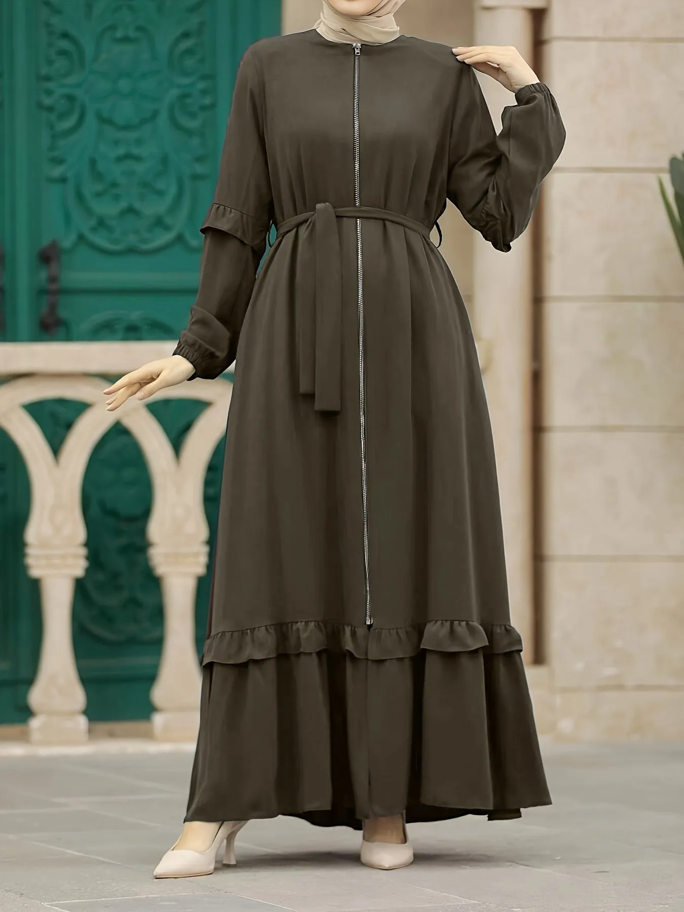 Elegant Modest Maxi Kaftan Dress - Long Sleeve, Tie-Waist with Chain Detail, Zip-Front, Durable All-Season Women's Fashion