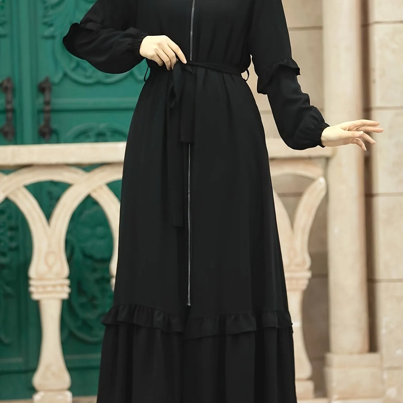 Elegant Modest Maxi Kaftan Dress - Long Sleeve, Tie-Waist with Chain Detail, Zip-Front, Durable All-Season Women's Fashion