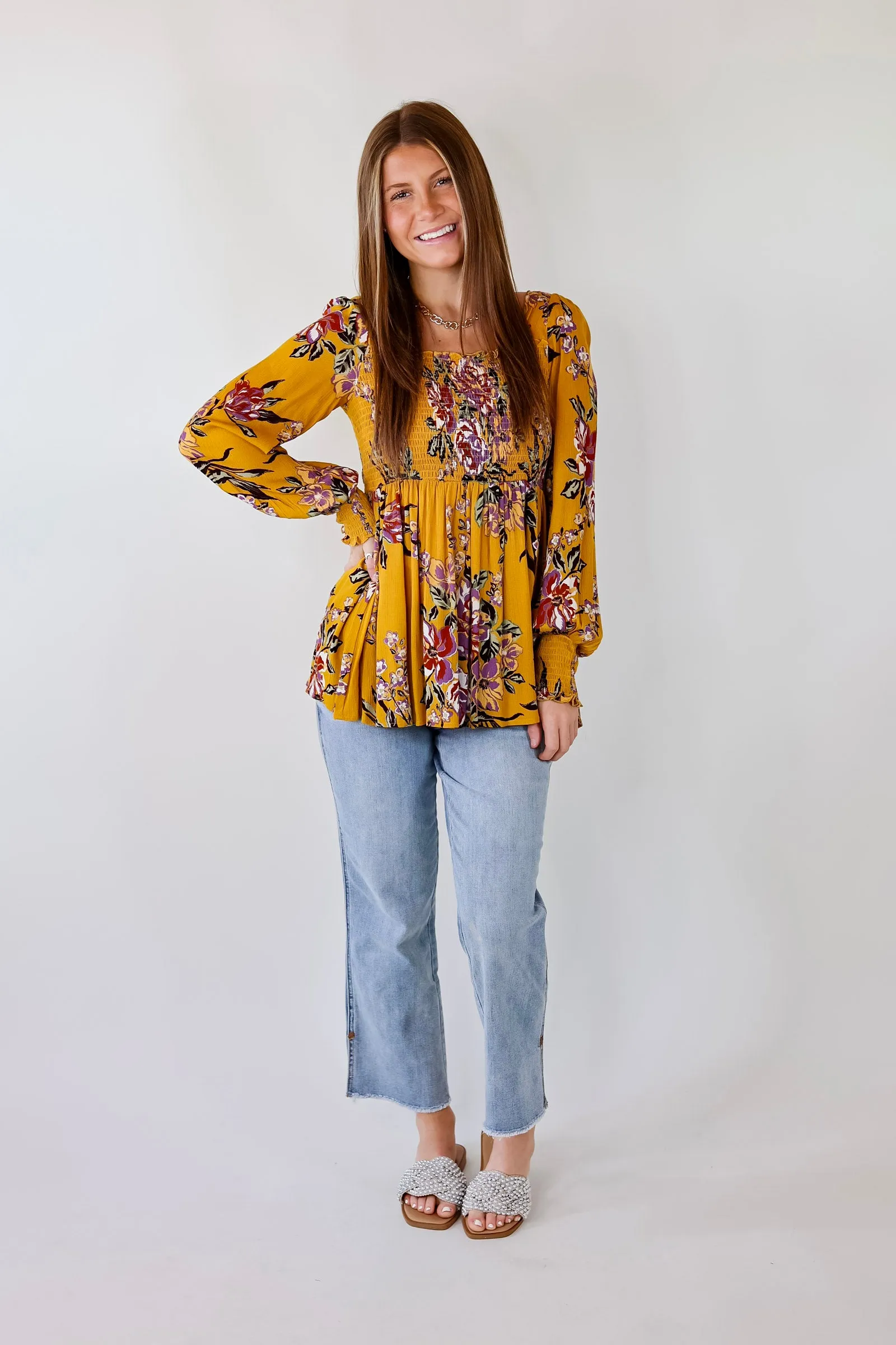 Fairfield Feeling Floral Smocked Babydoll Top with Long Sleeves in Mustard Yellow