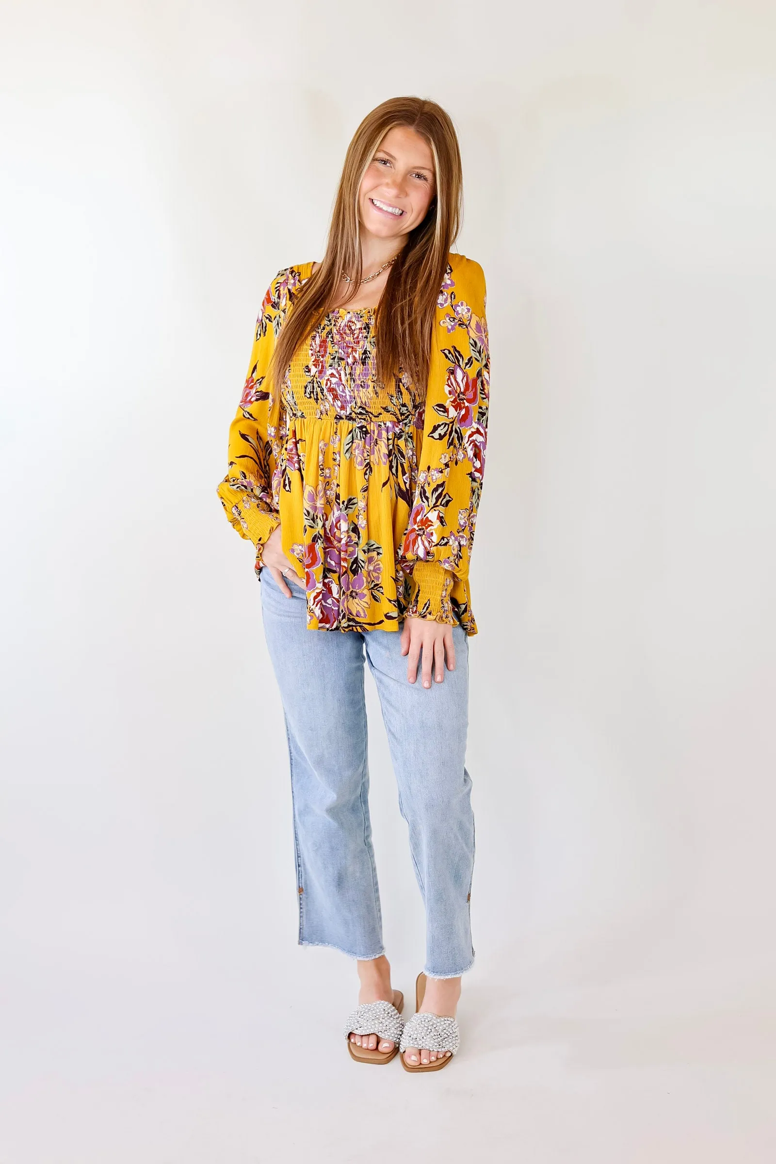 Fairfield Feeling Floral Smocked Babydoll Top with Long Sleeves in Mustard Yellow