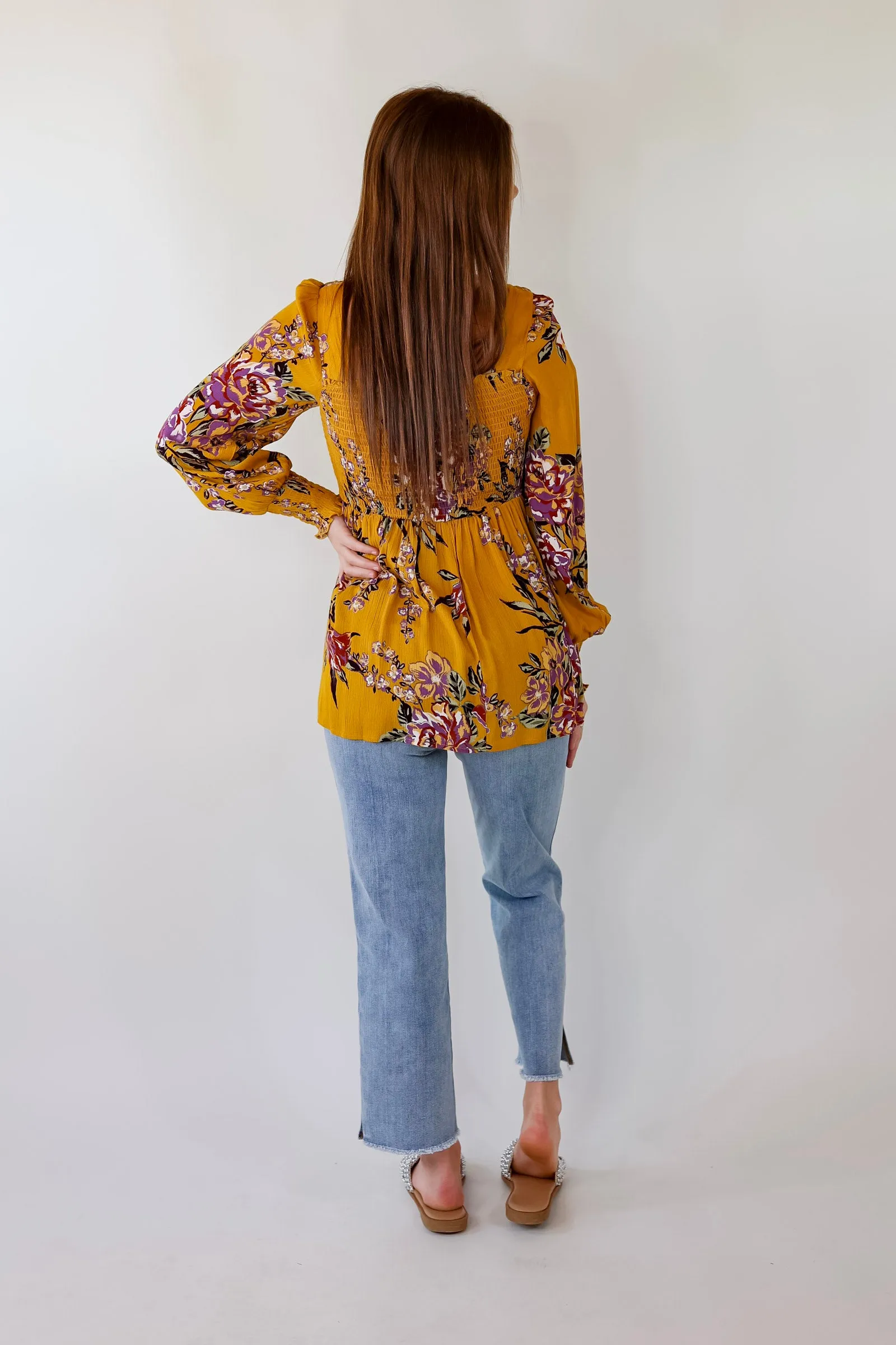 Fairfield Feeling Floral Smocked Babydoll Top with Long Sleeves in Mustard Yellow