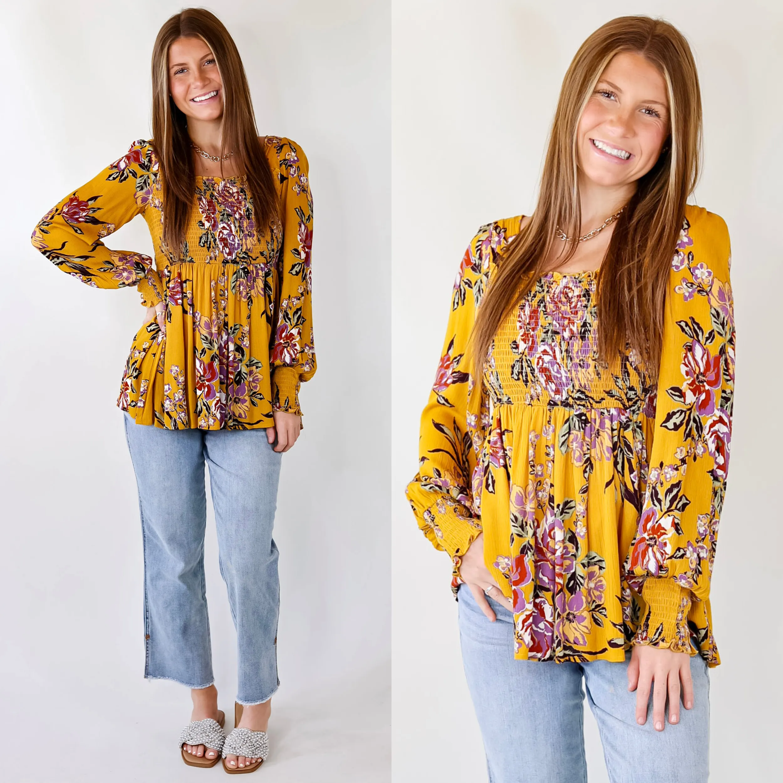 Fairfield Feeling Floral Smocked Babydoll Top with Long Sleeves in Mustard Yellow