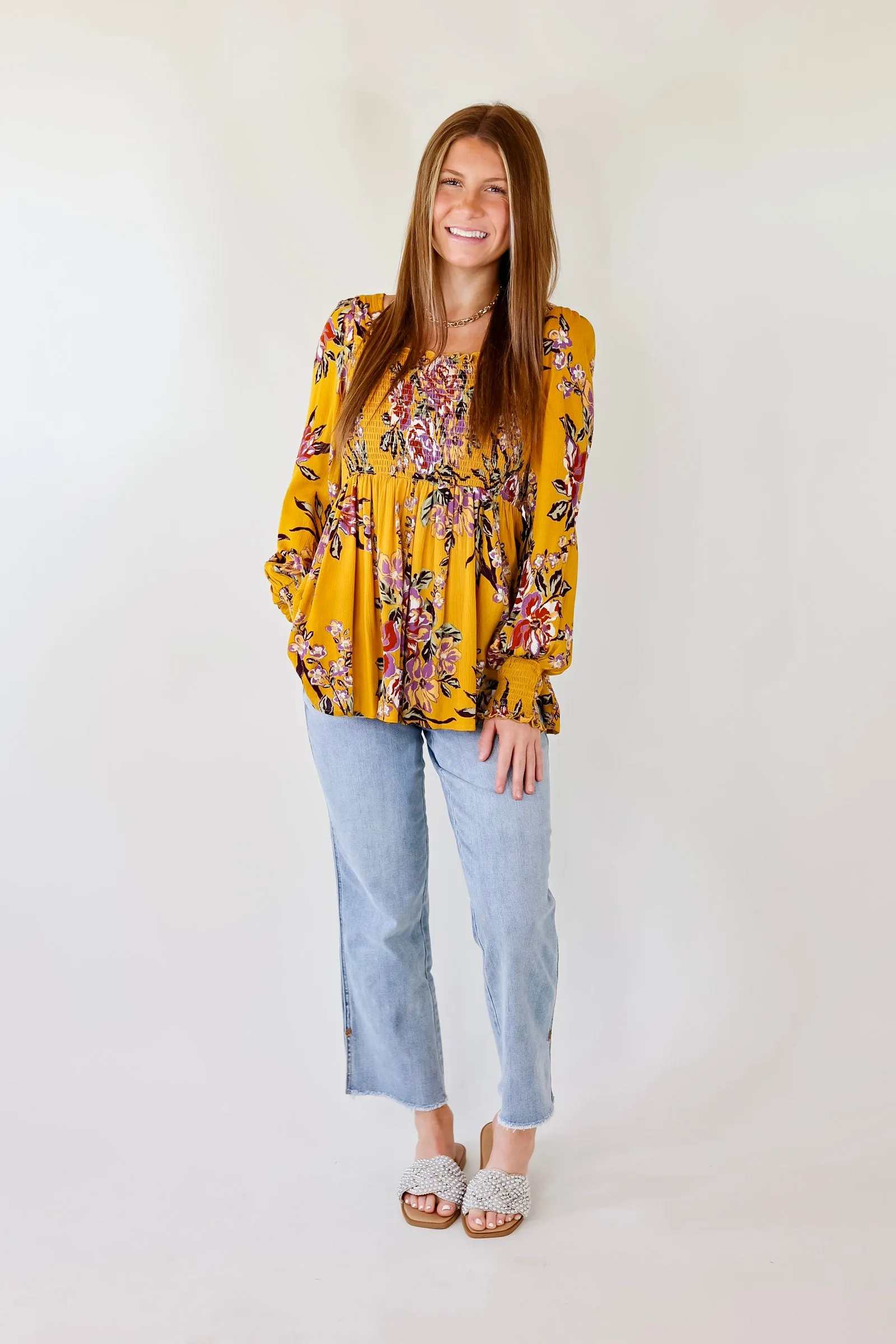 Fairfield Feeling Floral Smocked Babydoll Top with Long Sleeves in Mustard Yellow