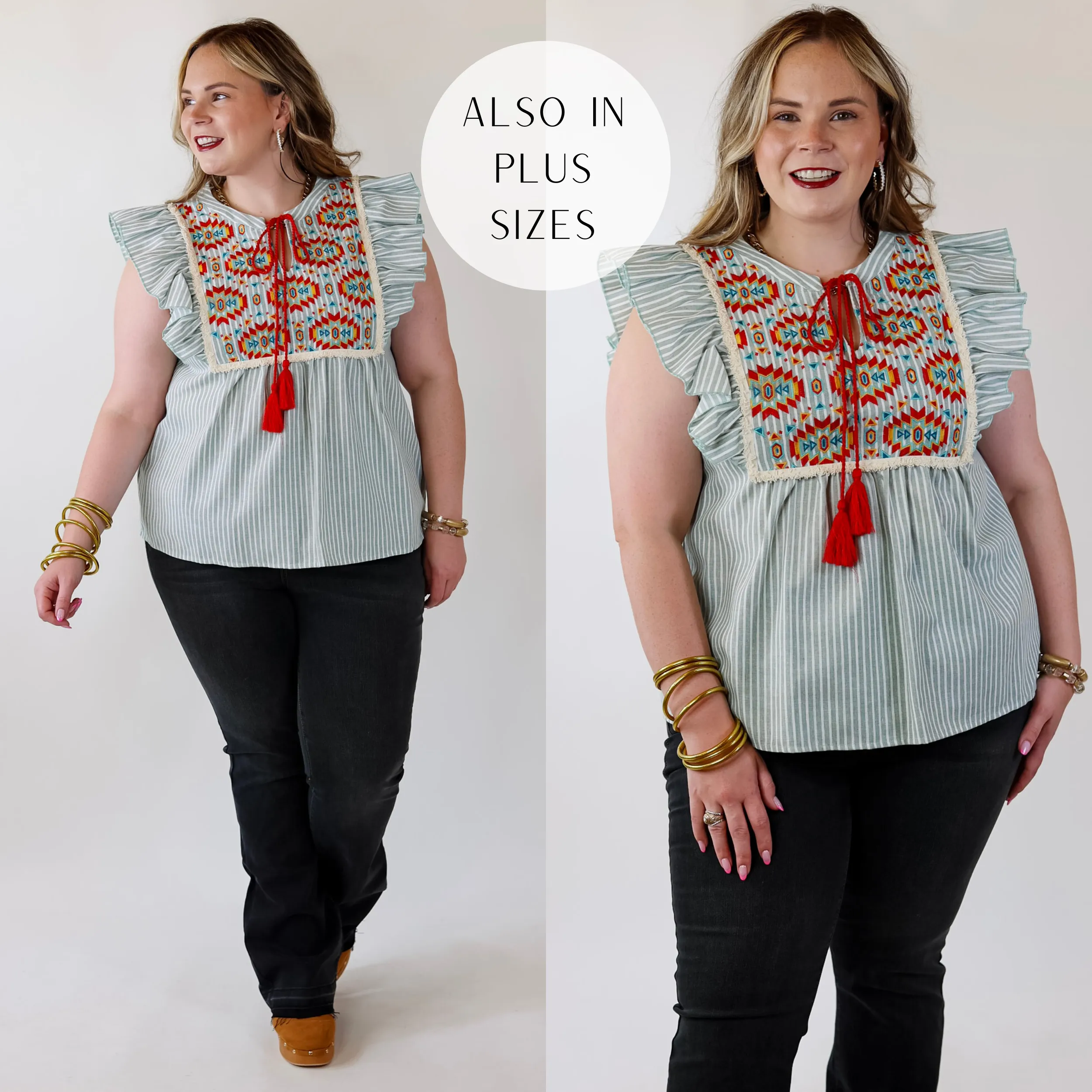 Fall Sun PinStripe Top with Aztec Print Embroidery in Sage Green