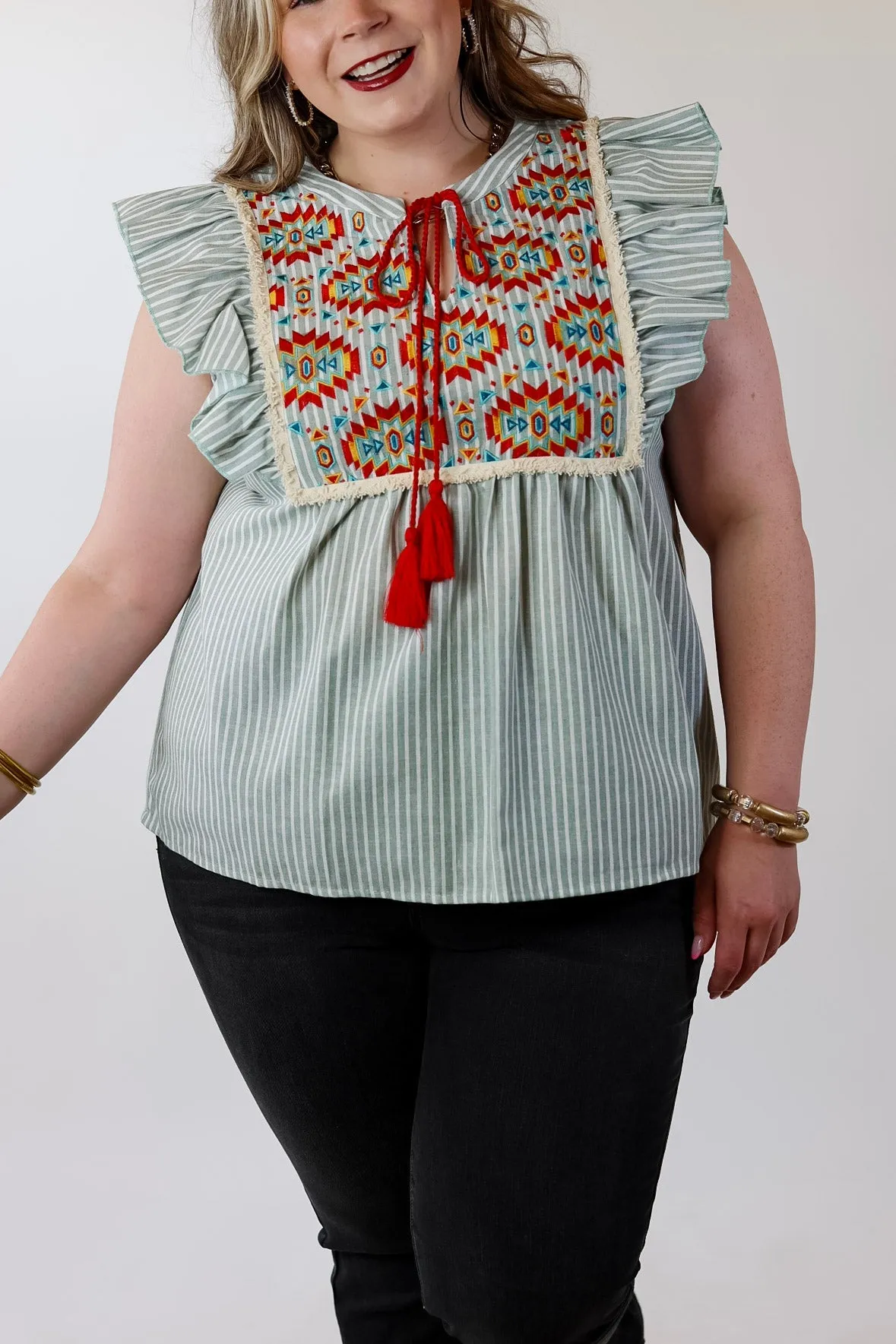 Fall Sun PinStripe Top with Aztec Print Embroidery in Sage Green