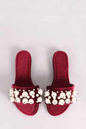 Faux Pearls Velvet Slide Sandals