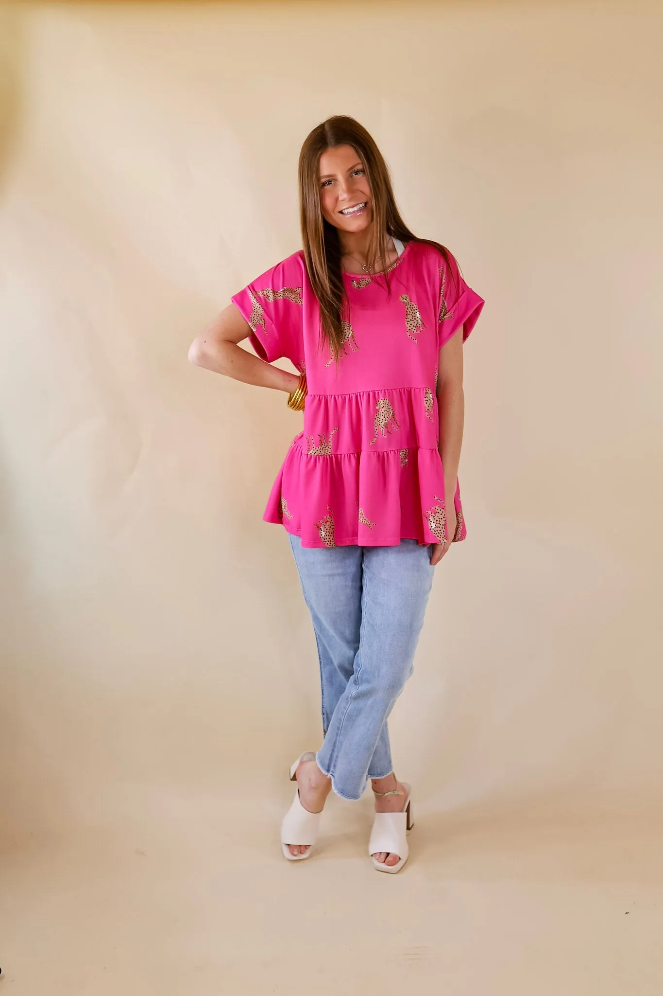 Feeling Wild Cheetah Print Tiered Babydoll Top in Hot Pink