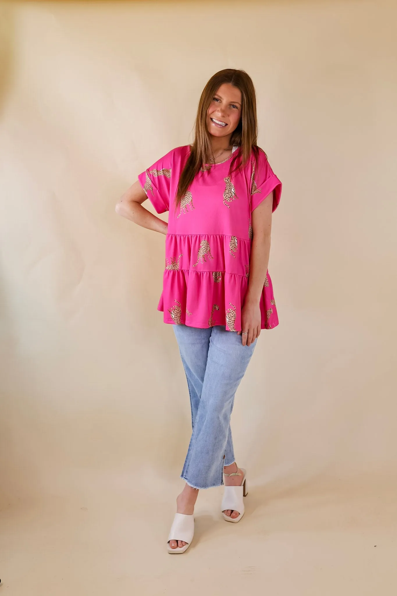 Feeling Wild Cheetah Print Tiered Babydoll Top in Hot Pink