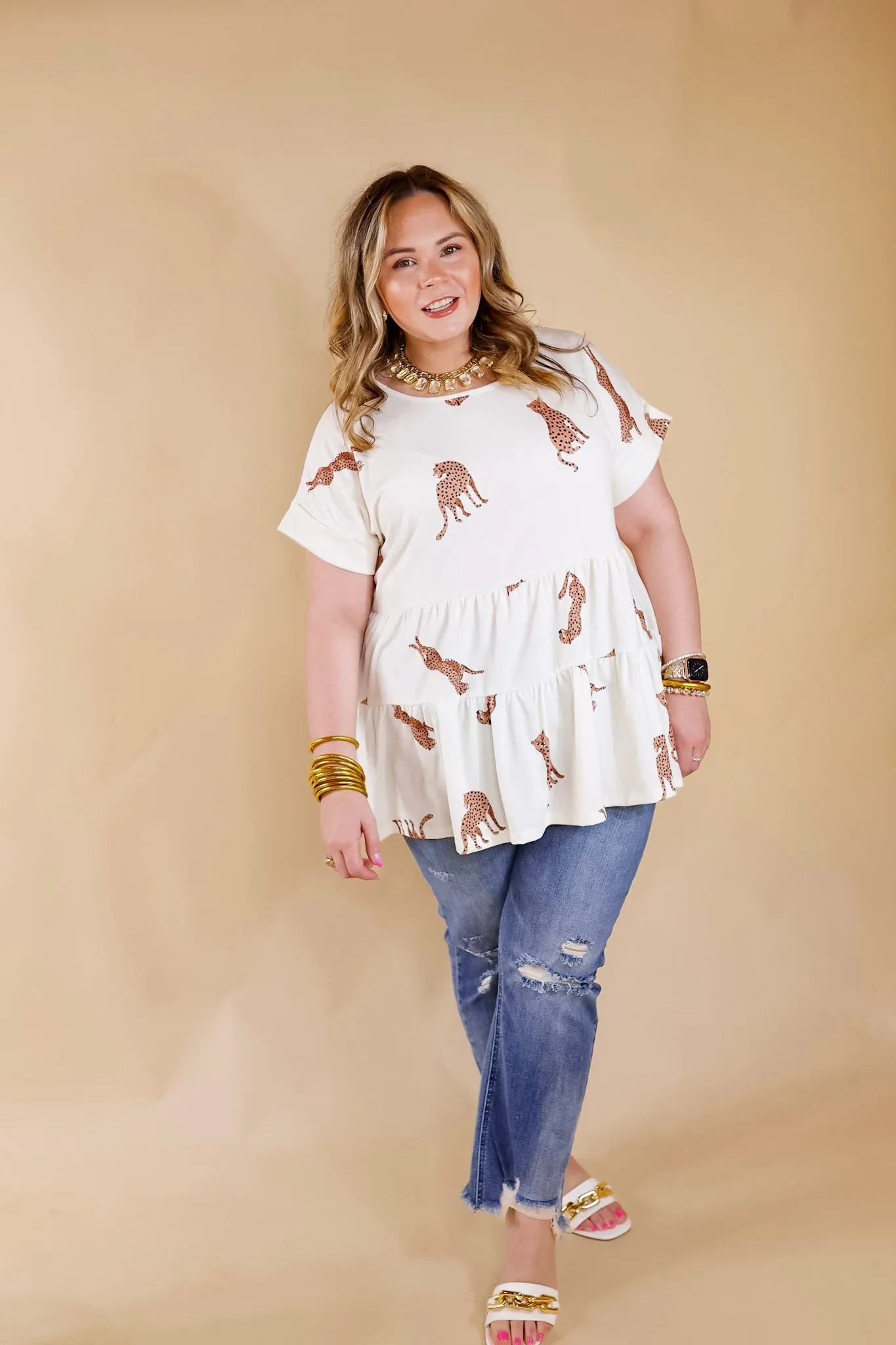 Feeling Wild Cheetah Print Tiered Babydoll Top in Ivory