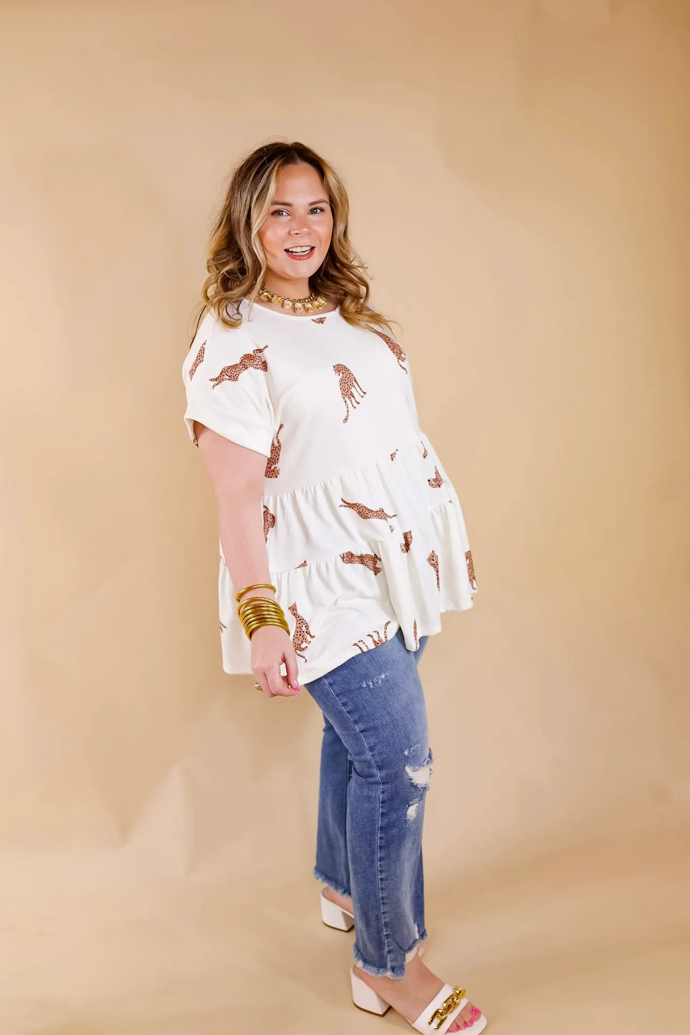 Feeling Wild Cheetah Print Tiered Babydoll Top in Ivory