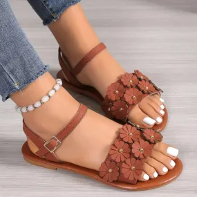 Floral Design Summer Flat Sandals for Ladies in Faux Leather