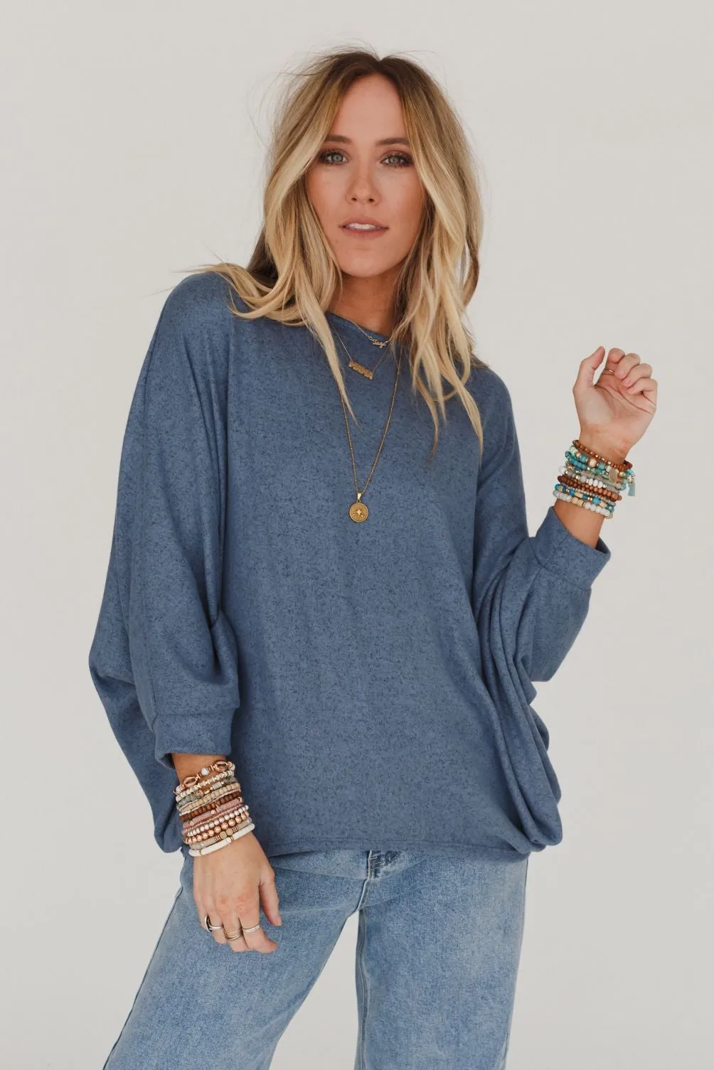 Fly With Me Batwing Sleeve Knit Sweater - Dusty Blue