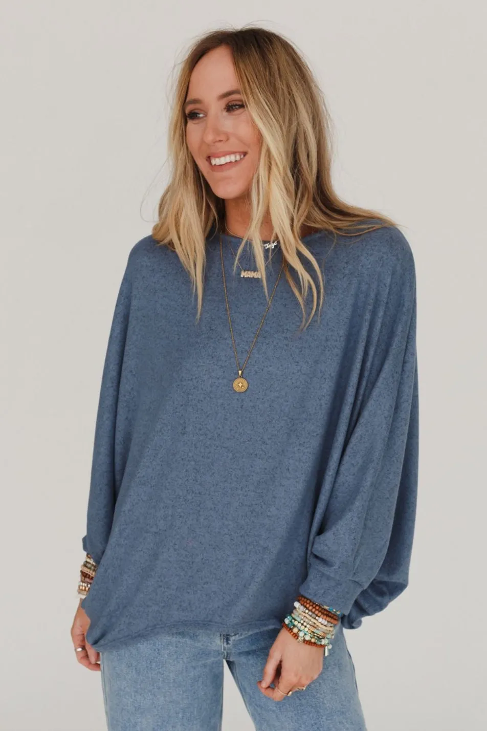 Fly With Me Batwing Sleeve Knit Sweater - Dusty Blue