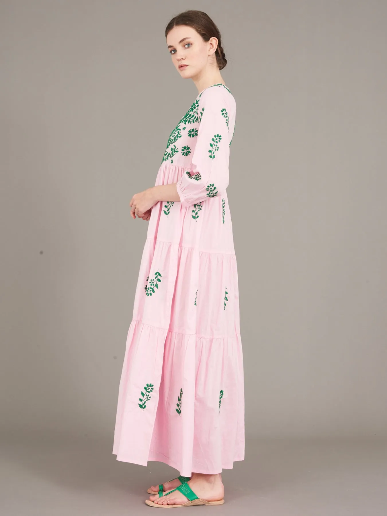 Frangipani Cotton Dress, Pink / Green