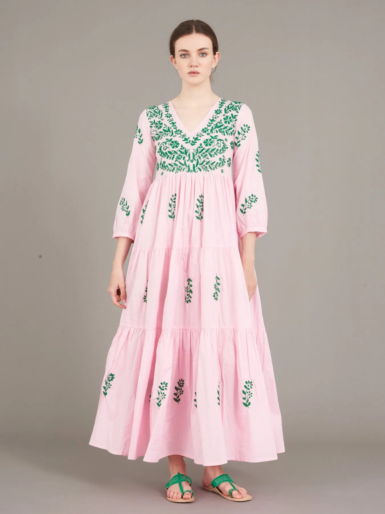 Frangipani Cotton Dress, Pink / Green