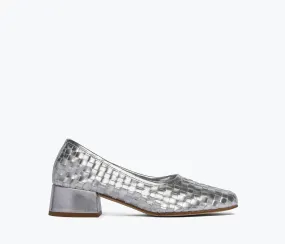 Freda Salvador – Jayla Woven Ballet Block Heel in Silver