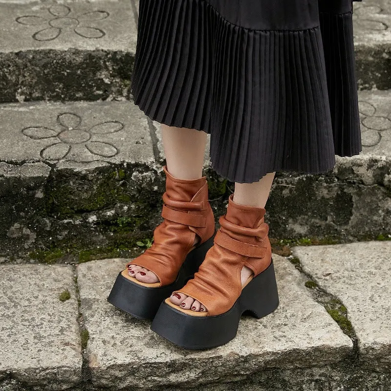 Genuine Leather Chunky Sandals Peep Toe Gladiator Sandals Ankle Strap Summer Boots  in Brown/Black