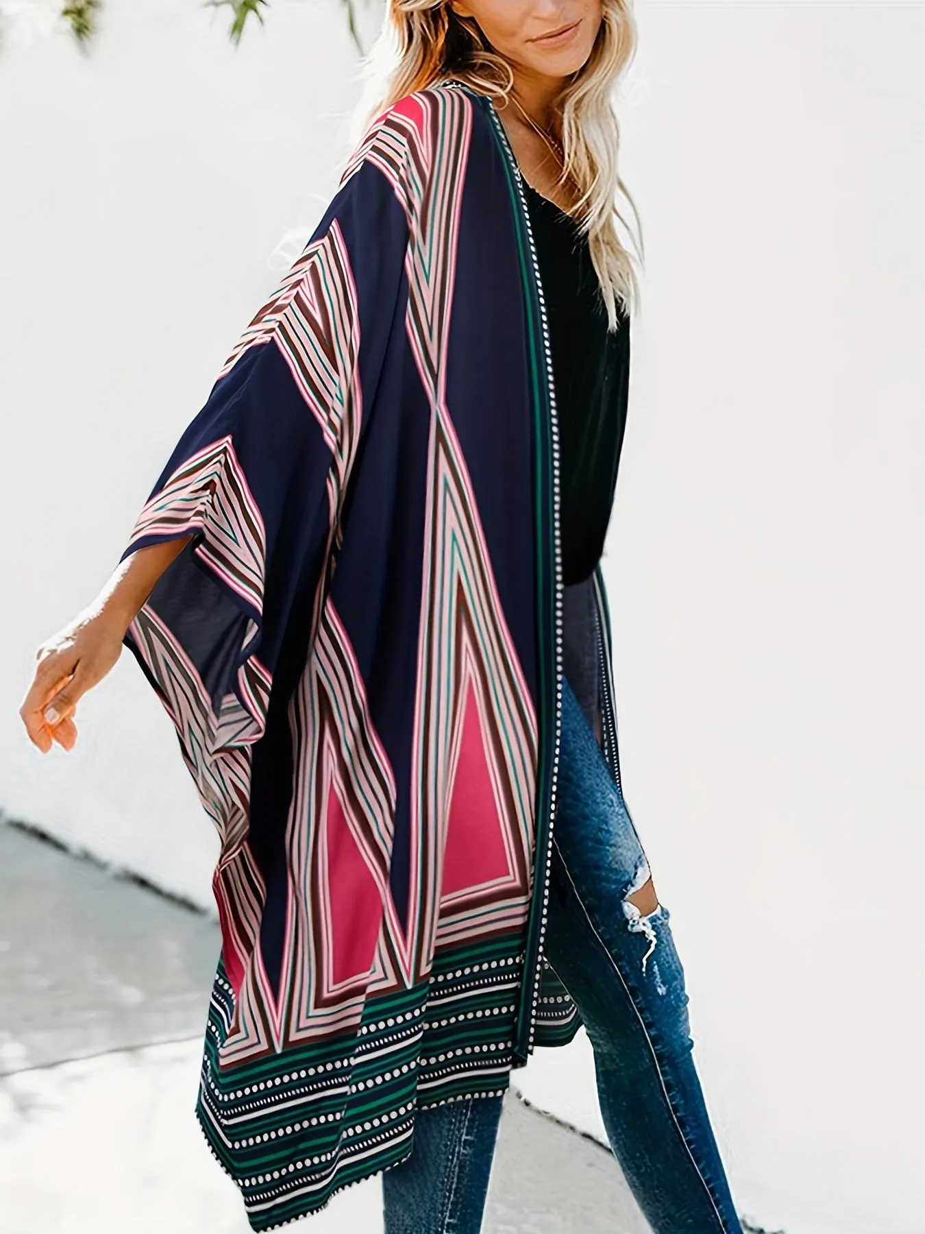 Geo Print Batwing Sleeve Kimono - Dramatic Chic Coverup with Open Front Design - Stylish Womens Casual Clothing for Everyday Wear