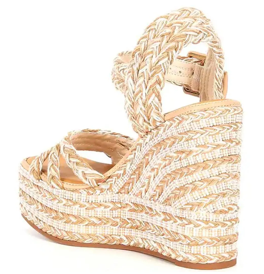 Gianni Bini-Santi Woven Beaded Strappy Wedge Sandals