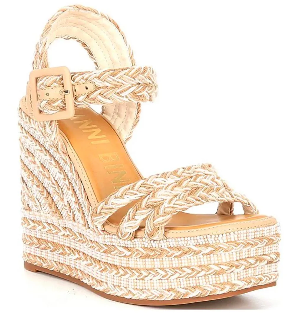 Gianni Bini-Santi Woven Beaded Strappy Wedge Sandals