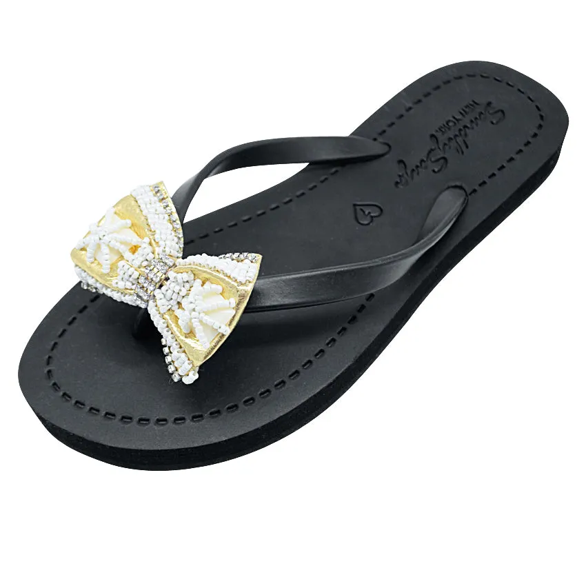 Gold & Pearl Bow  - Big Kids Flip Flops Sandal- Embroidered motifs