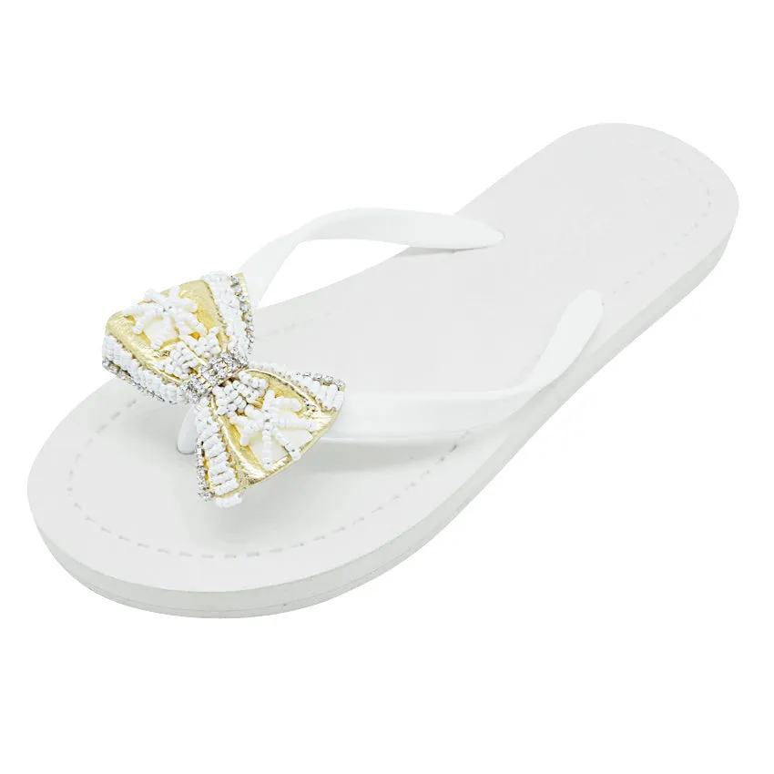 Gold & Pearl Bow  - Big Kids Flip Flops Sandal- Embroidered motifs