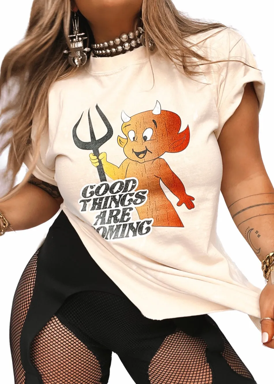 GOOD THINGS ARE COMING BLEACHED OUT SIDE SLIT TEE