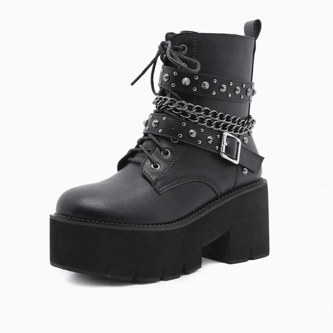 Gothic Punk Studs Buckle Strap Chain-Link Platform Boots - Black