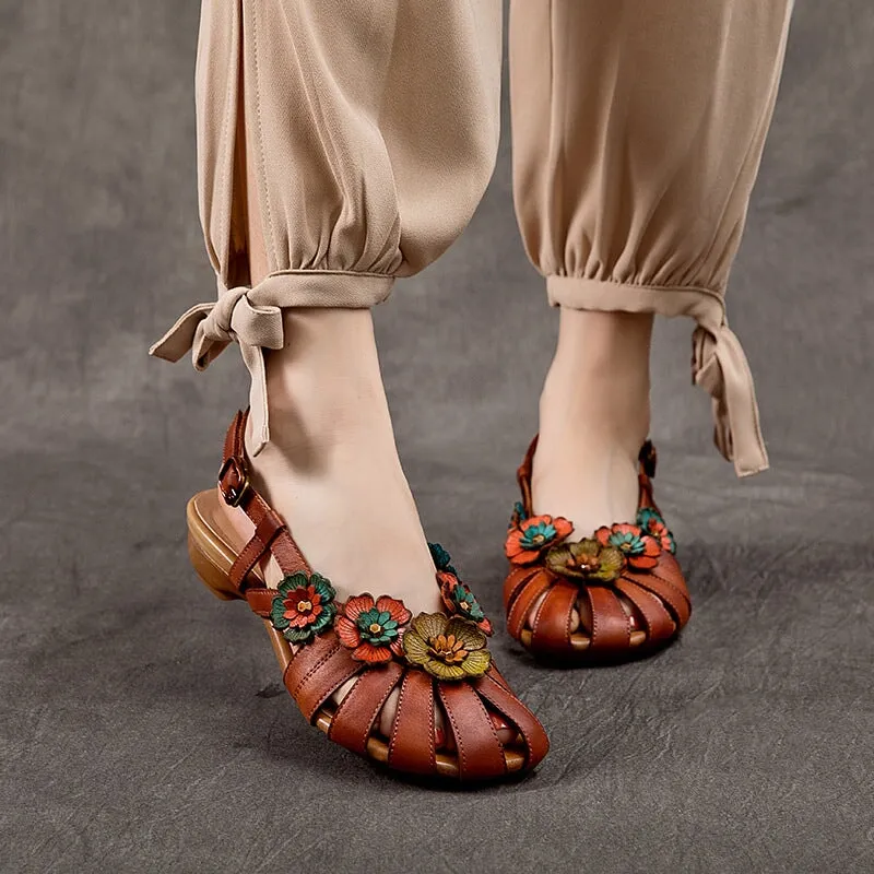 Handmade Leather Flats Women Wide Toe Flowers Slingback Sandals in Red Brown