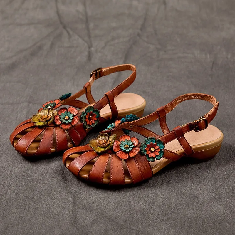 Handmade Leather Flats Women Wide Toe Flowers Slingback Sandals in Red Brown