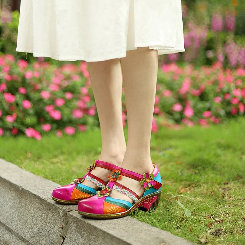 Handmade Leather Mary Jane Shoes 40mm Double-strap Pumps Block Heel in Red/Blue