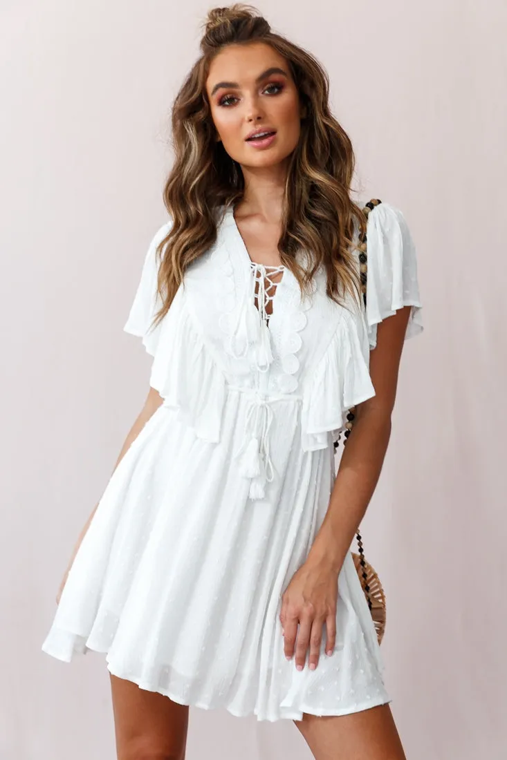 Hazel Crochet And Tassel Detail Drawstring Waist Dress White