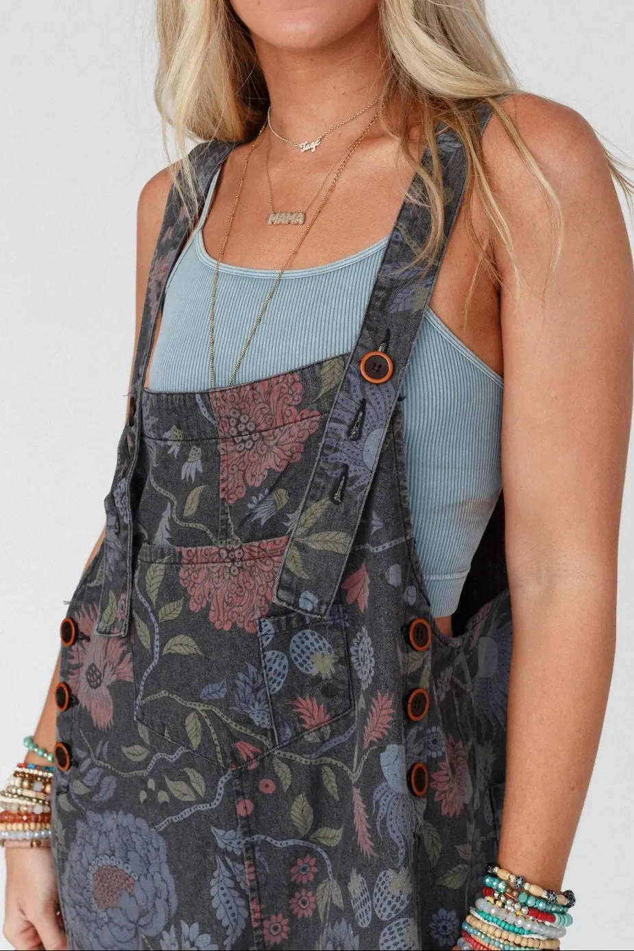 High Hopes Slouchy Denim Overalls - Floral Black Denim