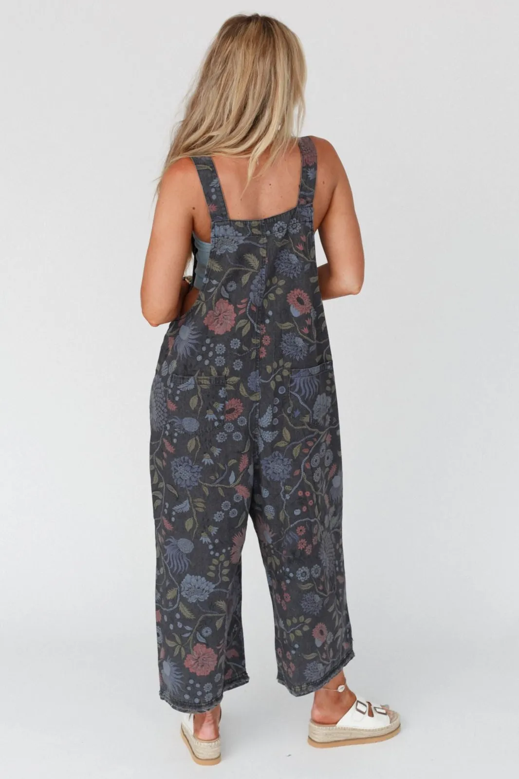 High Hopes Slouchy Denim Overalls - Floral Black Denim