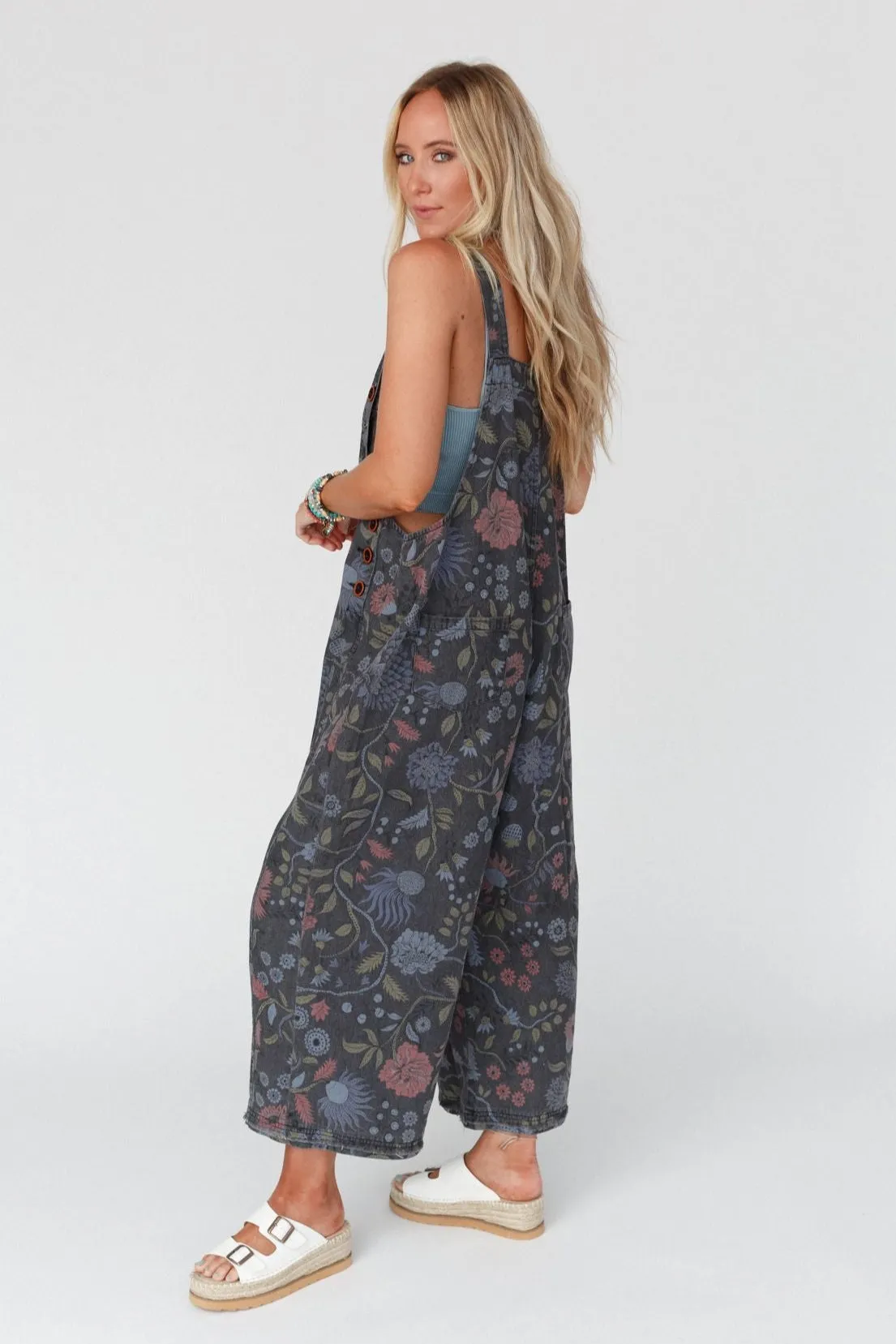 High Hopes Slouchy Denim Overalls - Floral Black Denim