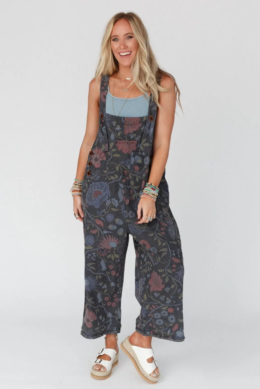 High Hopes Slouchy Denim Overalls - Floral Black Denim