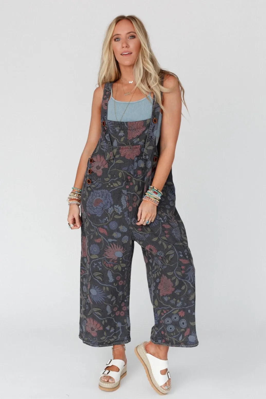 High Hopes Slouchy Denim Overalls - Floral Black Denim