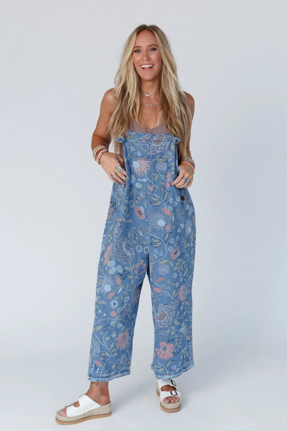 High Hopes Slouchy Denim Overalls - Floral Blue Denim