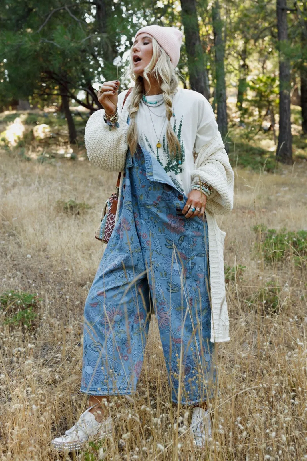 High Hopes Slouchy Denim Overalls - Floral Blue Denim