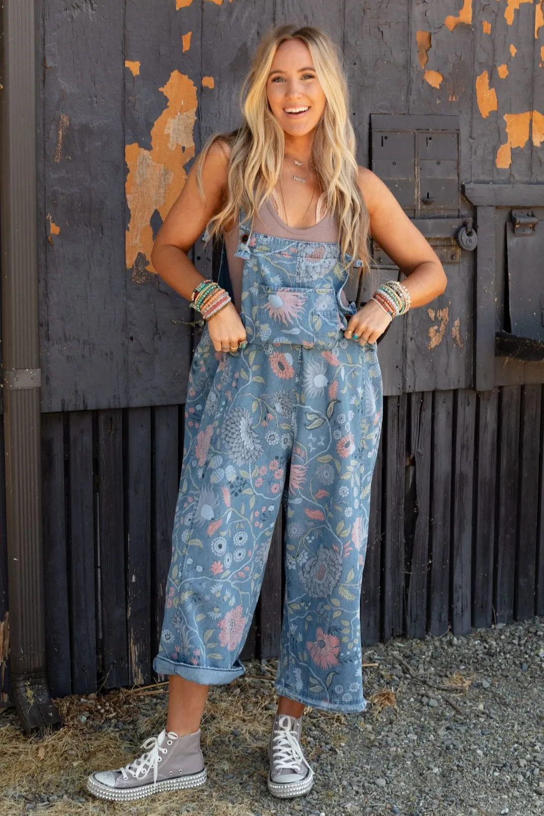 High Hopes Slouchy Denim Overalls - Floral Blue Denim