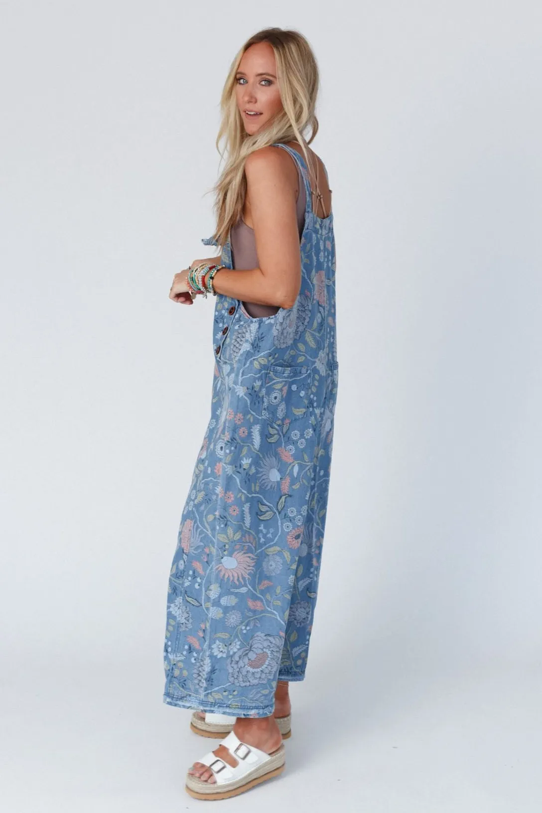 High Hopes Slouchy Denim Overalls - Floral Blue Denim